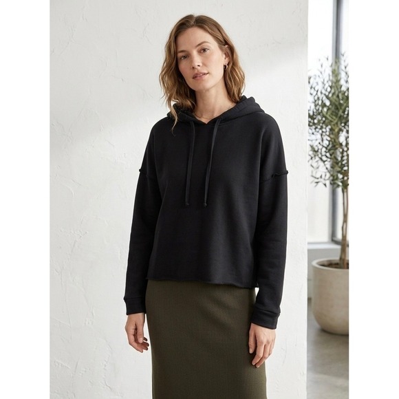 Eileen Fisher Tops - Eileen Fisher Organic Cotton French Terry Raw Edge Hoodie Black Petite PS/PP